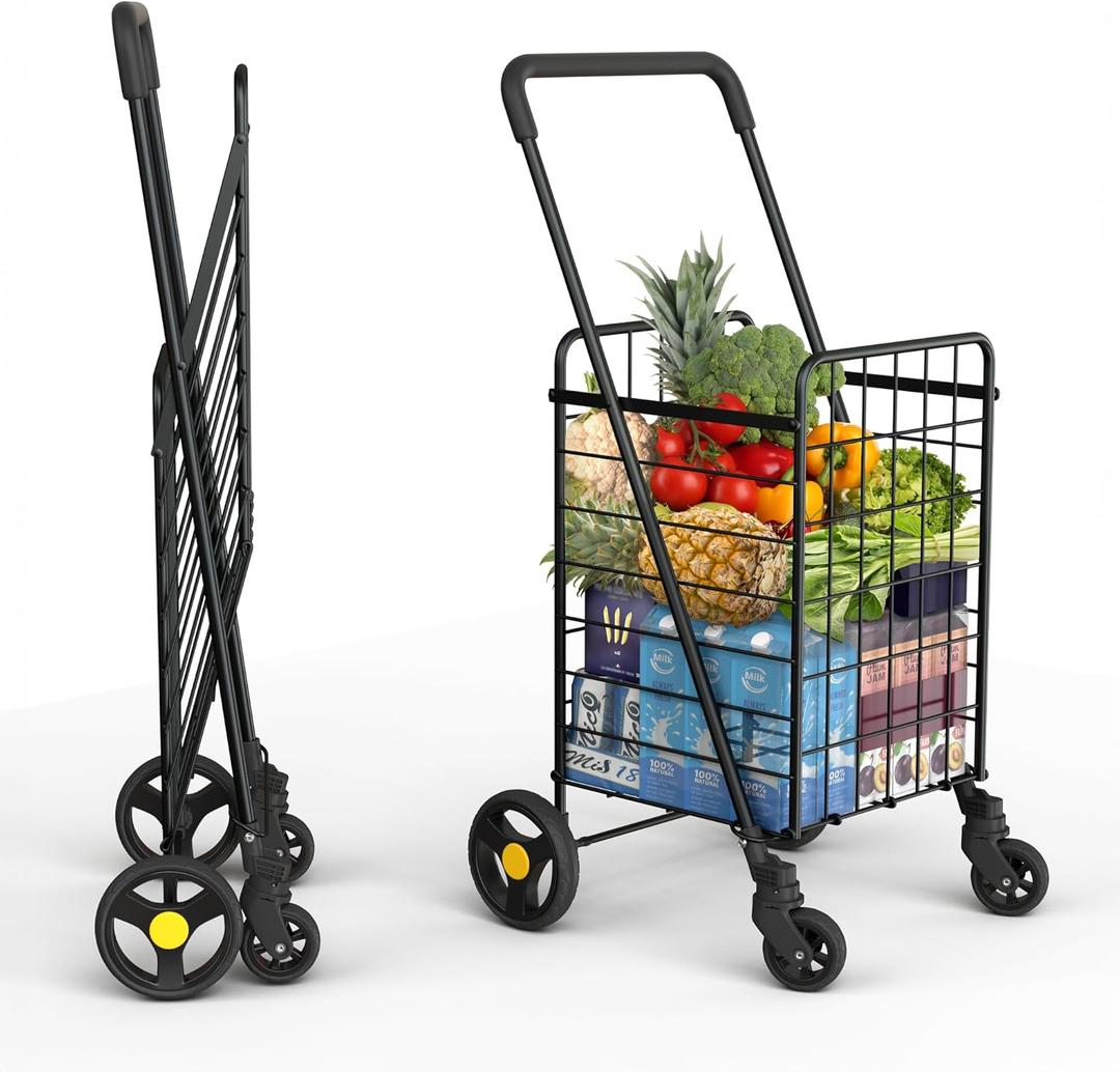 Shopping Cart w/Waterproof Basket Liner & 360° Swivel Wheels | Foldable Collapsible & Lightweight | Perfect for Groceries Laundry Utility Cart - Black