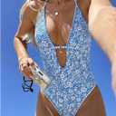 SOLY HUX Women's One Piece Swimsuit Floral Halter Deep V Neck Bathing Suit Boho Summer Swimwear (Blue, L)