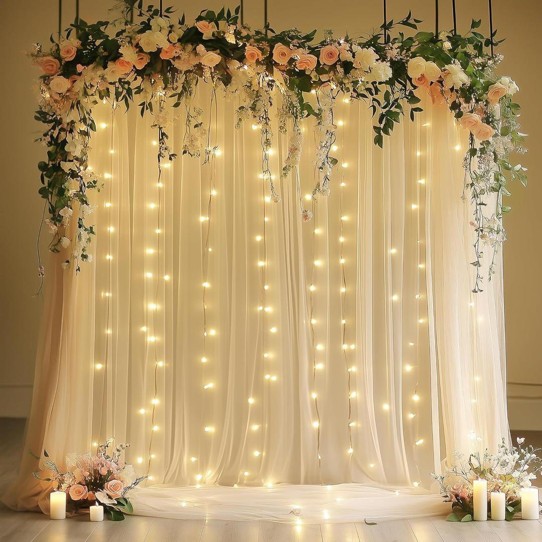 Tulle Backdrop Curtain with Lights String 10FT X 10FT Champagne Sheer Tulle Backdrop Curtains for Wedding Birthday Party Reception Photo Booth Background Decorations (2 Panels 5x10FT)