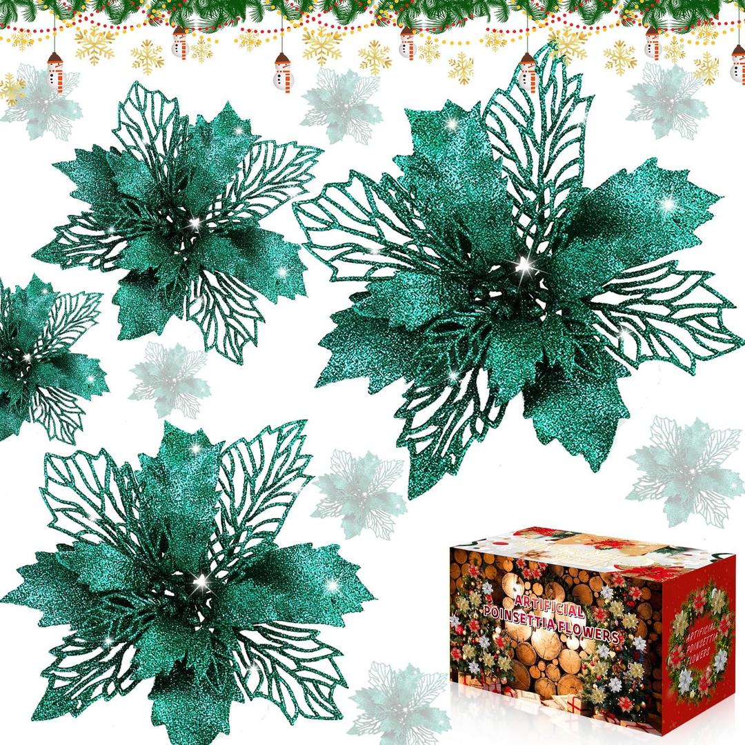 Poinsettia Christmas Decorations Flowers -12Pcs Artificial Poinsettia Christmas Tree Ornaments Glitter for Xmas New Year Wedding Party Wreath DIY Garland Decor (Dark Green)