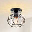 Industrial Semi Flush Mount Ceiling Light with Crystal Shade and Black Cage Design, Vintage Farmhouse Lighting Fixture for Kitchen Hallway Bedroom Laundry Room