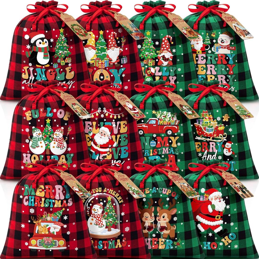 12 PCS Burlap Christmas Drawstring Gift Bags, 10x12in Buffalo Plaid Xmas Gift Bags w/ Tags, Cotton Fabric Goody Gift Treat Bags Xmas Sacks Medium Reusable Gift Wrapping Bags for Holiday Party Favors (Red Black & Green Black)