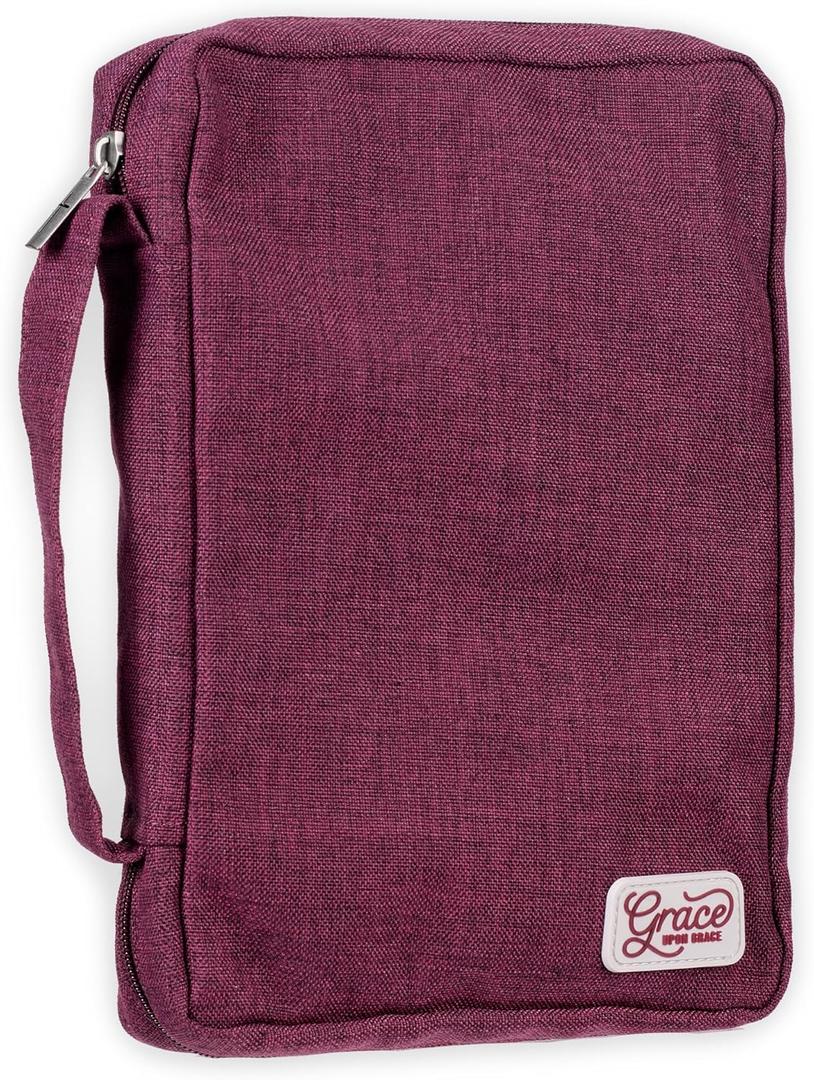 Christian Art Gifts Value Poly-Canvas Bible Cover Case for Women: Grace Upon Grace - John 1:16 Inspirational Scripture w/White Rubber Badge, Pocket, Pen Loops to Organize Accessories, Plum, Medium