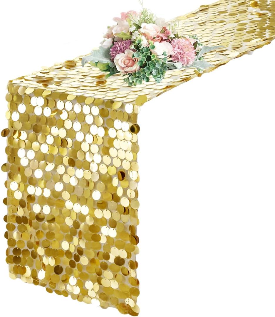 Pufogu 12 x 108 Inch Sequin Table Runner, Gold Glitter Premium Big Sequin Table Runners, Rectangle Table Runner for Halloween, Christmas, Wedding Party, Birthday Party, Banquet Decor (1 Pack).