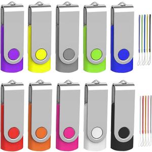 64GB Flash Drive 10 Pack, Wooolken USB 2.0 Thumb Drive Bulk Pen Drive Metal Swivel Memory Stick 64GB 10 Colors Multipack Value Zip USB Drives with Lanyard