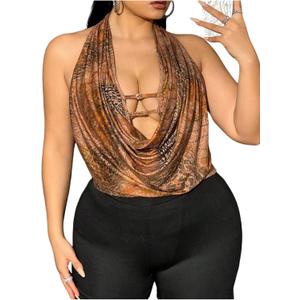 MakeMeChic Women's Plus Size Cheetah Print Halter Tops Open Back Draped Front Club Tank Crop Top (XX-Large Plus, Coffee Brown)