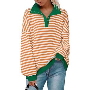 ZESICA Sweatshirts for Womens Long Sleeve Lapel V Neck Striped Oversized Tops, Size Medium