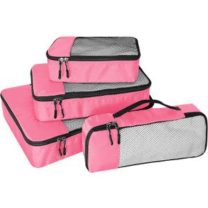 4-Piece Packing Cubes Travel Accessories Set for Suitcases - Luggage Organizer Bags with Double Zipper - Mesh Top - Small/Medium/Large/Slim - Pink