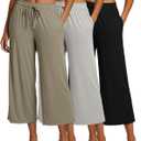 Real Essentials 3 Pack: Women's Ultra-Soft Wide Leg Loose Capri Open Bottom Pants - Yoga Lounge Pockets (Gray), Large