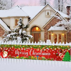 Merry Christmas Banner 8x1.6 ft Christmas Fence Banner Red Santa Reindeer Backdrop Outdoor Winter Holiday Xmas Yard Decorations