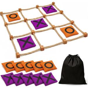 Gamie Giant Tic Tac Toe Game Outdoor - 3 x 3 Feet - Includes Rope Grid, 10 Bean Bag Play Pieces, and 1 Drawstring Carry Bag - Large Yard Games - Outdoor Game for Patio, Picnic, Camping