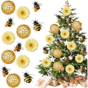 Novabright 16 Pcs Spring Bee Tree Picks Stems Decorations Bee Tree Topper Ornaments Beehive Honeybee Flower Picks for Vase Filler Baby Shower Table Centerpiece Summer Home Party Favor