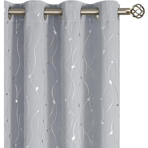 BGment Room Darkening Curtains 90 Inches Long, Grommet Thermal Insulated Blackout Curtains with Wave Line and Dots Printed for Bedroom, 2 Panels, Each 52 x 90 Inch, Light Grey