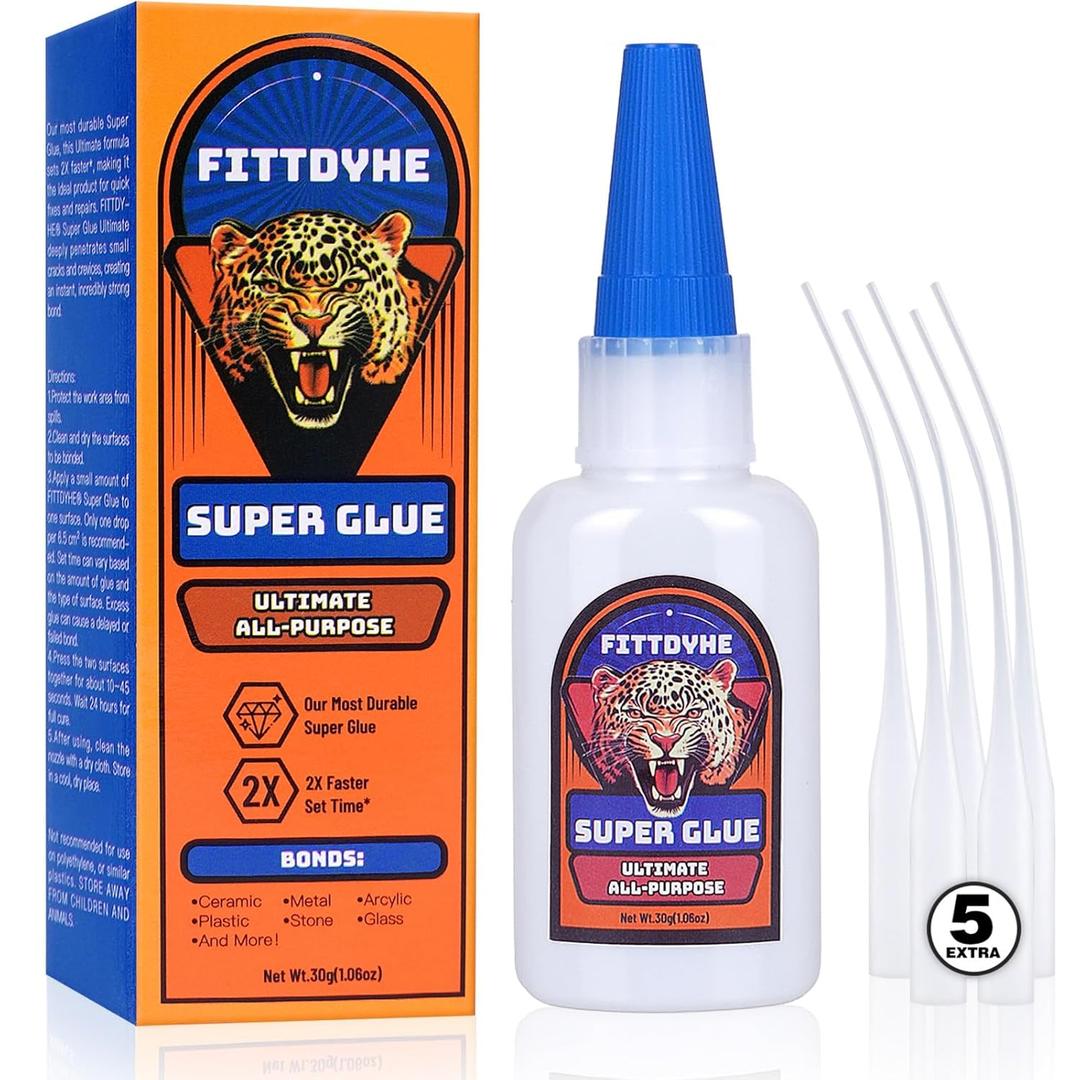 Super Glue Clear 30 g(1.06 oz.), Strong Fast Drying Waterproof Liquid Adhesive for Plastic, Metal, Wood, Rubber, Ceramic, Leather Repair, Rhinestone Jewelry, DIY Crafts