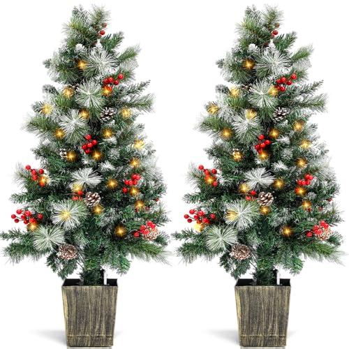 Lunmon 2 Pack 4FT Entrances Christmas Trees for Porch Pre Lit Artificial Pathway Potted Xmas Tree with 100 LED Lights 8 Mode Remote Control Berries Pine Cones for Front Door Driveway Yard Outdoor