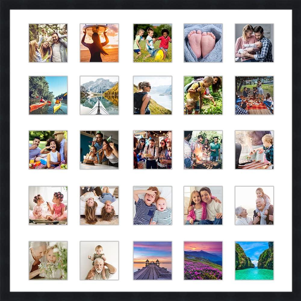 CountryArtHouse Black Collage Frame With Mat - 22x22 Solid Wood Frame For (25) 4" x 4" Photos - Black Matted Instagram 4x4 Collage Photo Frame with Mat with Multi Opening Picture Matte, 25 Photos Square