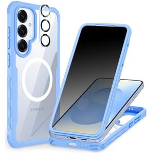 CENHUFO Magnetic Privacy for Samsung Galaxy S25 Case, Full Body Phone Case with Built-in 9H Tempered Glass Privacy Screen Protector and Camera Lens Cover, Shockproof Protective Bumper - Light Blue