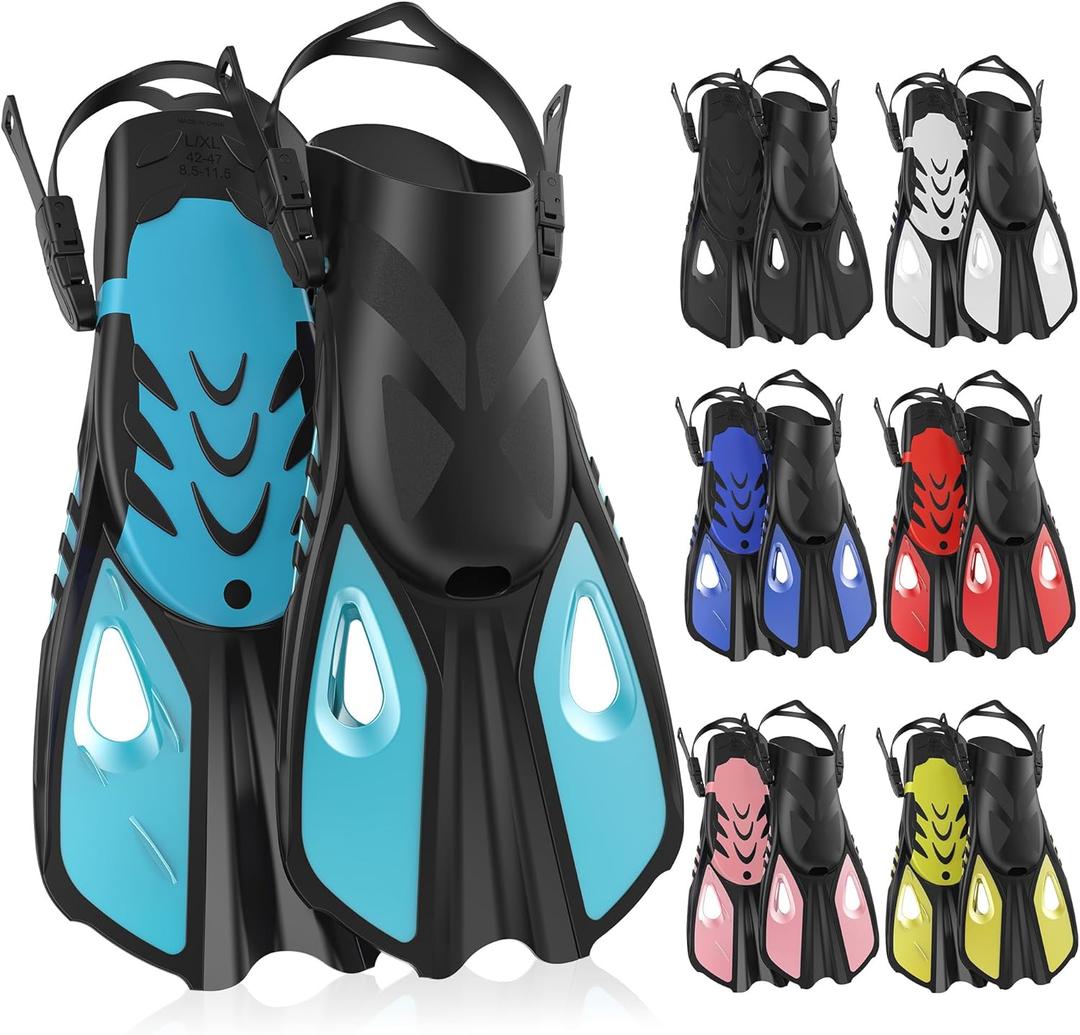 Snorkel Fins, Swim Fins Travel Size Short Adjustable for Snorkeling Diving Adult Men Women Open Heel Swimming Flippers, Size: L/XL (US Men 8.5-11.5 / Women 9.5-12.5)