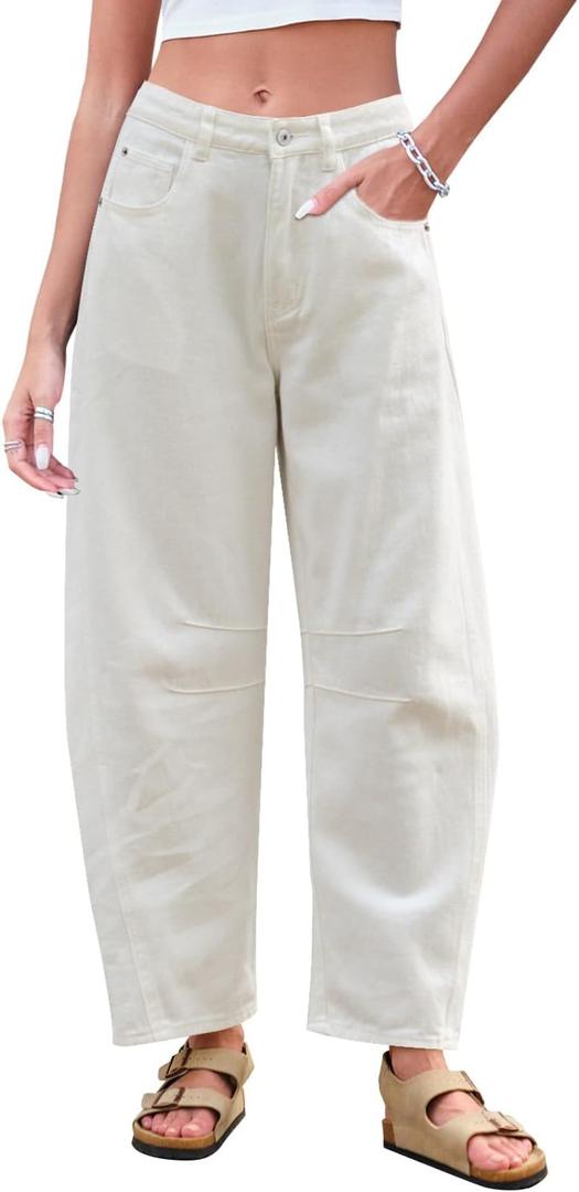 Mid Rise Barrel Jeans for Women Wide Leg Mid Waist Cropped Denim Pants Y2k Baggy Boyfriend Jeans with Pockets (XX-Small, White)