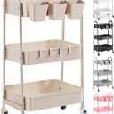 3 Tier Khaki Metal Utility Rolling Cart, Storage Cart with Handle and Lockable Wheels, Multifunctional Organizer Trolley with Mesh Storage Baskets for Kitchen, Office, Living Room, Laundry, Garage