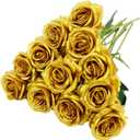12pcs Rose Artificial Flowers, Fake Rose Silk Flower Bouquet, Faux Roses with Stems - 50cm, Roses Decor for Wedding & Home Decoration (Gold)
