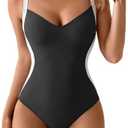 Eomenie Women's Tummy Control One Piece Swimsuit Slimming Lace Up Back Bathing Suit V Neck Swimwear M (Black, White)