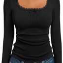 Trendy Queen Womens Long Sleeve Shirts Crop Square Neck Ribbed Tops Basic Slim Fit Y2K Fall Winter Clothes Outfits 2026 (Black, XS)