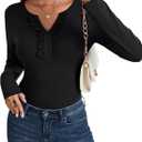 Rooscier Women's Notched V Neck Frill Lace Button Ribbed Knit Long Sleeve Slim Fit Blouse Top Shirt, Medium