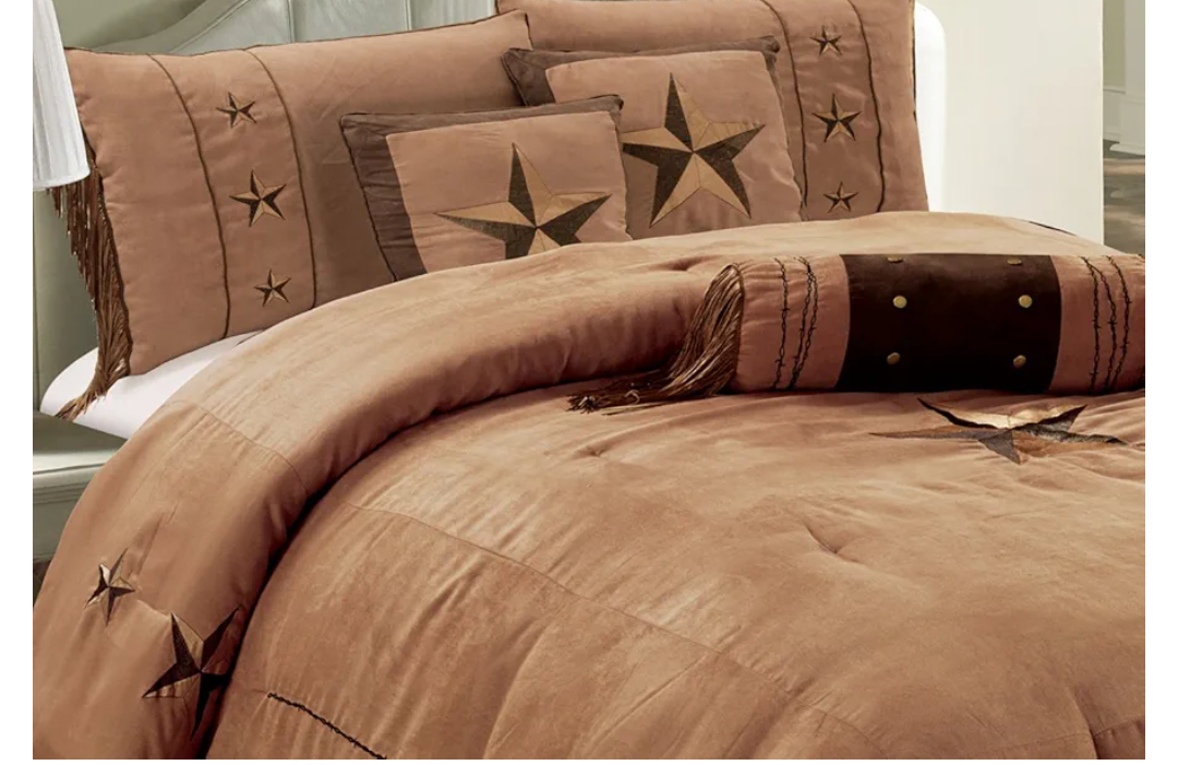 Grand Linen 7 Piece Western Decor Lodge Oversize King Comforter Set Taupe/Brown - Embroidered Lone Star Barbed Wire Micro Suede Bedding