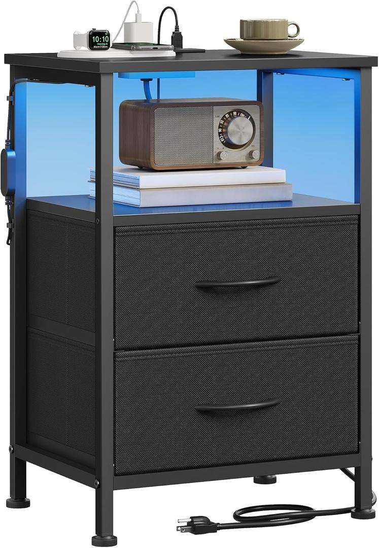 SONGMICS BELLAH Collection - Nightstand with Charging Station and App-Controlled Adjustable LED Lights, Bed Side Table, 2 Drawer and 1 Open Shelf, Bedroom, Ink Black and Ebony Black ULGS302BH01S, 11.8" X 15.6" X 23.8"