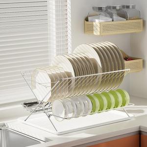 Over The Sink Dish Drying Rack, Collapsible 3 Tier Dish Racks for Kitchen Counter, Large Capacity Stainless Steel Dish Drainer with Utensil Holder and Drainboard (Upgraded) (Style 2)