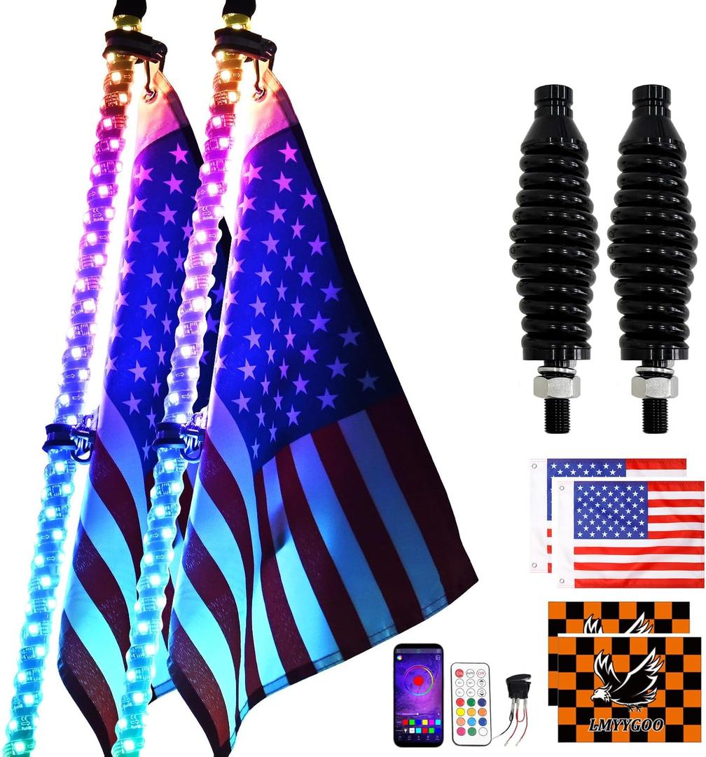 2PCS 4FT RGB LED Whip Light, Remote App Control, DIY Chasing Patterns Turn Signal & Brake LED Lights, Spring Base Included - Compatible with ATV, UTV, Polaris RZR, Can-Am