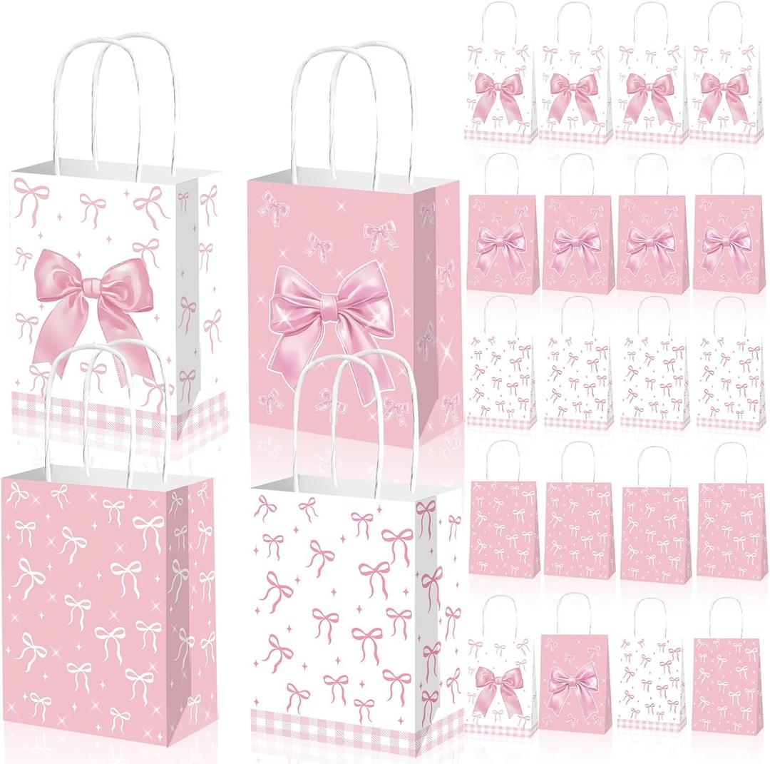 Qpout 12 PCS Bow Gift Bags Bulk, Small Pink Gift Bag, Coquette Goodie Bag, Pink Bow Party Favor Bags Paper Treat Candy Snack Bag for Girls Birthday Baby Shower Wedding, 1 Count