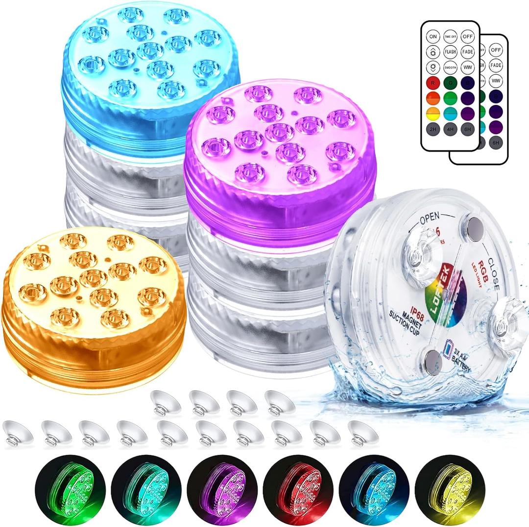 LOFTEK Submersible LED Lights with Remote, 13 LED Pool Lights for Inground Above Ground Pool with Magnets &Suction Cups,16 Color Changing Underwater Light for Ponds Battery Operated, 8 Pack