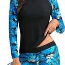 Aqua Eve Women Two Piece Rash Guard Long Sleeve Swimsuit Swim Shirt with Shorts Modest Bathing Suit UPF 50+ Large Blue Leaves