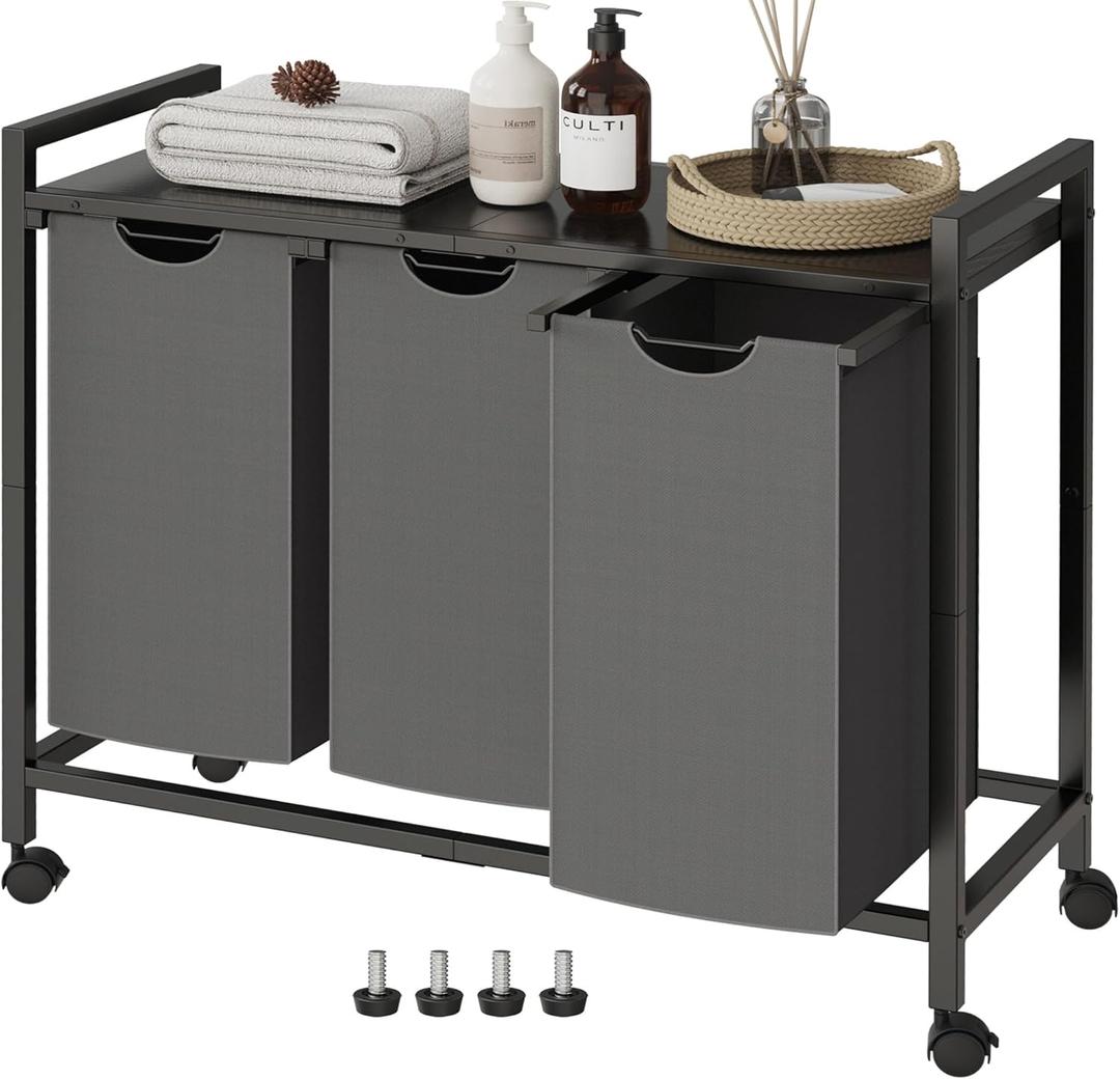 Laundry Hamper, Laundry Basket, Laundry Sorter with 2 Pull-Out and Removable Bags, Shelf, Laundry Room Storage with Table, for Bathroom, Bedroom, 3 x 10.5 Gal (40L), Grey