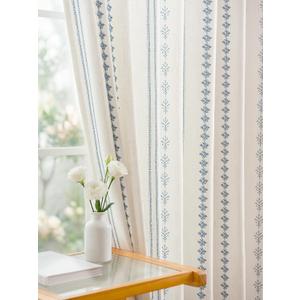 THREE GIRLS Pinch Pleated Navy Blue Floral Block Print Curtains 84 Inches Long, Vintage Farmhouse Linen Blend Drapes for Bedroom Living Room, 2 Panels Set, 40"W x 84"L