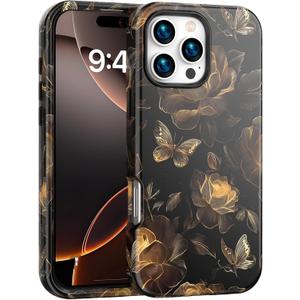 ANNSD for iPhone 16 Pro Max Case,3 in 1 Lightweight and Stylish Full Body Shockproof Protective Cover,Military Grade Protective Case-Black Flower