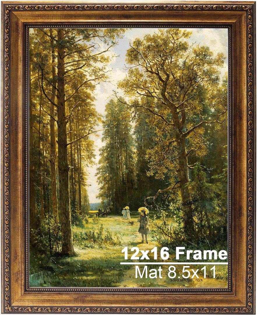 12x16 Vintage Gold Picture Frame, Ornate Victorian Frames for Gallery Wall or Tabletop with Real Glass, Display Art 8.5x11 with Mat or 12x16 without Mat for Antique Dco
