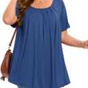 MONNURO Womens Summer Tops Plus Size Tops Short Sleeve Pleated Shirts Swing Blouse Tunic Tops for Curvy Women (Blue, XL)