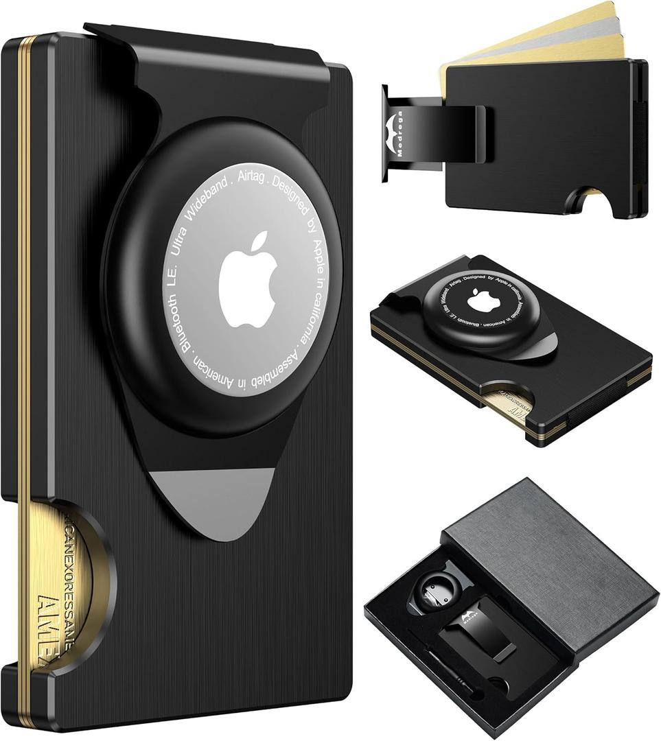 Apple Airtag Wallet Men Slim : Metal Air Tag Wallets Wallet with 2 Money Clip Replaceable Gift Boxed Set for Male Husband at Anniversay Brithday (Black)