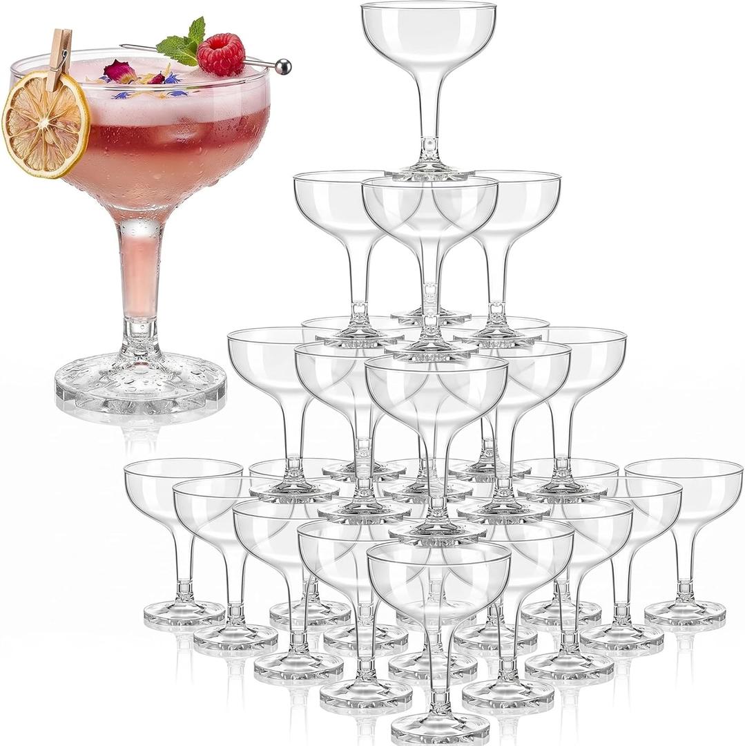 Zopeal 30 Pcs Plastic Champagne Tower Glasses, 5 oz Coupe Cocktail Cups for Party, Stackable Stemmed Margarita Glasses, Disposable Champagne Coupe for Wedding Birthday Bar(White,Transparent)