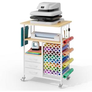 Homsorout Movable Heat Press Table with Drawer & Hook, Hold 44 Vinyl Rolls | Maple Heat Press Desk Cart, Heavy Duty Metal Workbench for DIY Sublimation, T-Shirts Caps Mug Tumbler & Heat Transfer Project