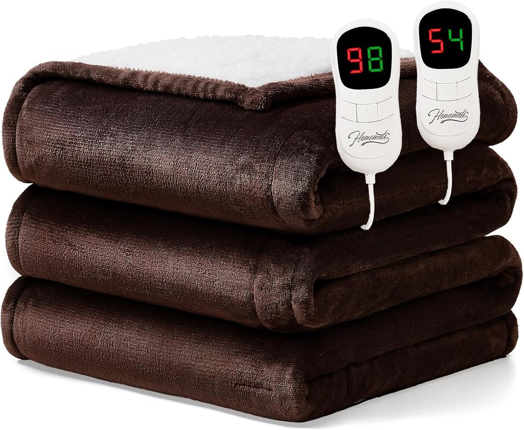 Homemate Electric Heated Blanket Queen Size - 84"x90" Heating Blanket Queen Size Dual Control 1/2/4/6/8 Hours Auto-Off 10 Heat Level Over-Heat Protection Flannel Sherpa ETL Certification