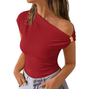 ZESICA Women's 2026 Summer Off Shoulder Tops Going Out Sexy Y2k Shirts Spring Cap Sleeve Ruched Asymmetrical Blouses (Medium, Red)