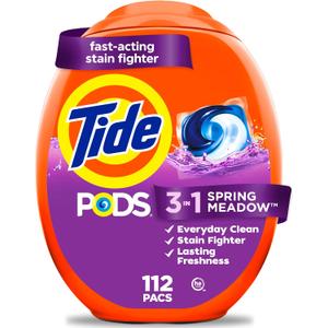 Tide PODS laundry detergent pacs, 3-in-1 Stain Remover, Odor Fighter, Color Protector, 112 Count, HE compatible, Spring Meadow Scent