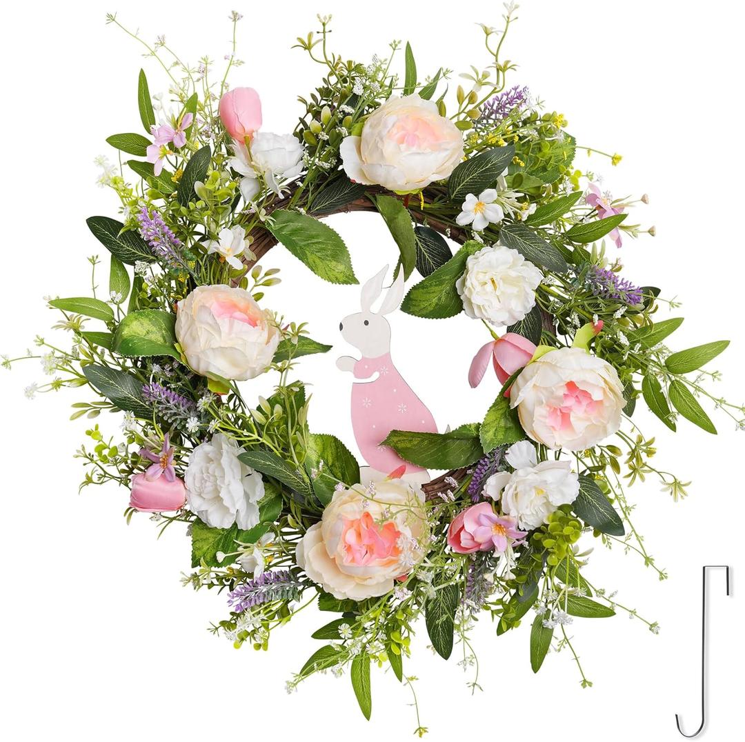 Spring Door Wreath for Front Door with Hook 20-22, Artificial Spring Door Wreath with White & Pink Peony Lavender Rabbit Wood Sign, Summer Wreaths for Windows Wall Romantic Home Dco