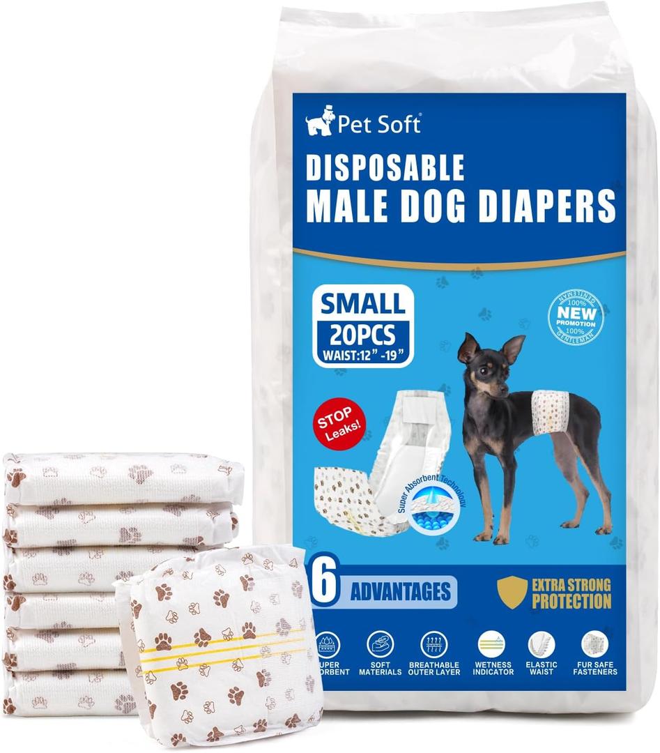 Pet Soft Dog Diapers Male - Disposable Male Dog Wraps Wetness Indicator, Ultra Absorbent Doggie Diapers Comfortable for Incontinence Excitable Urination, 20pcs Small