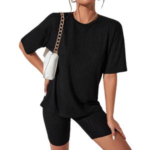 WDIRARA Women's Petite 2 Piece Outfits Ribbed Half Sleeve Tee Top and Biker Shorts Set (Black, S)