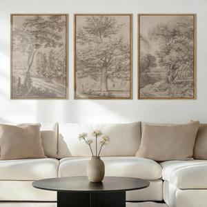 Anyzal Large Vintage Tree Sketchbook Wall Art 16x24 Inch Framed Neutral Forest Landscape Minimalist Woodsy Artwork for Living Room Bedroom Office Set of 3